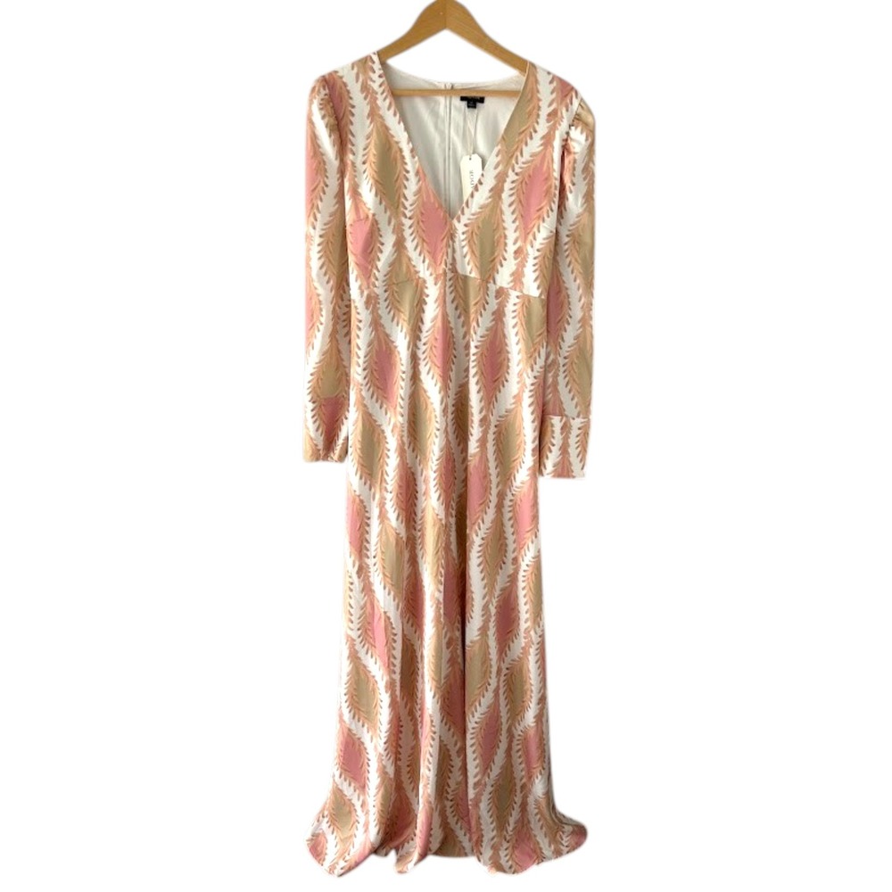 Ador Womens Maxi Dress 2XL Pink Beige Abstract Print Long‎ Sleeve Wedding Guest